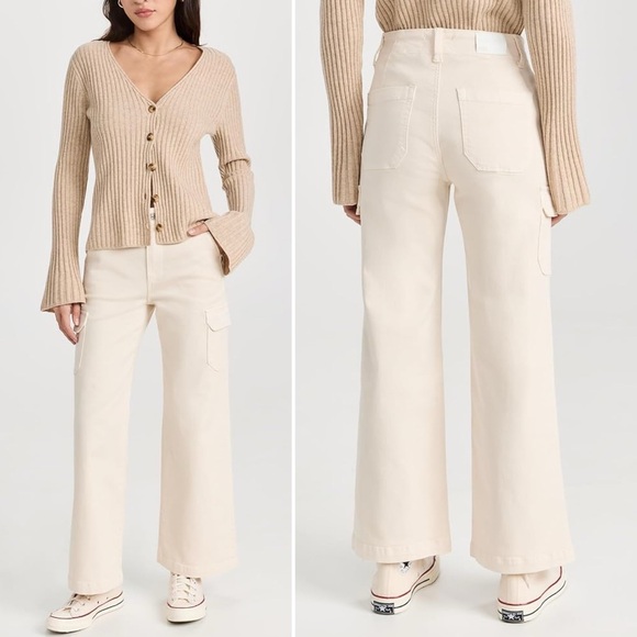 Paige Carly Wide Leg Cargo Pant 31 Cream Neutral Cotton Twill Utility Casual NWT - Picture 3 of 14